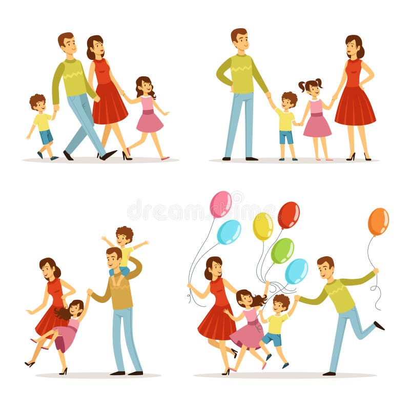 系列愉快的纵向 走在公园的父亲、母亲和孩子 在动画片样式的室外传染媒介例证 向量例证