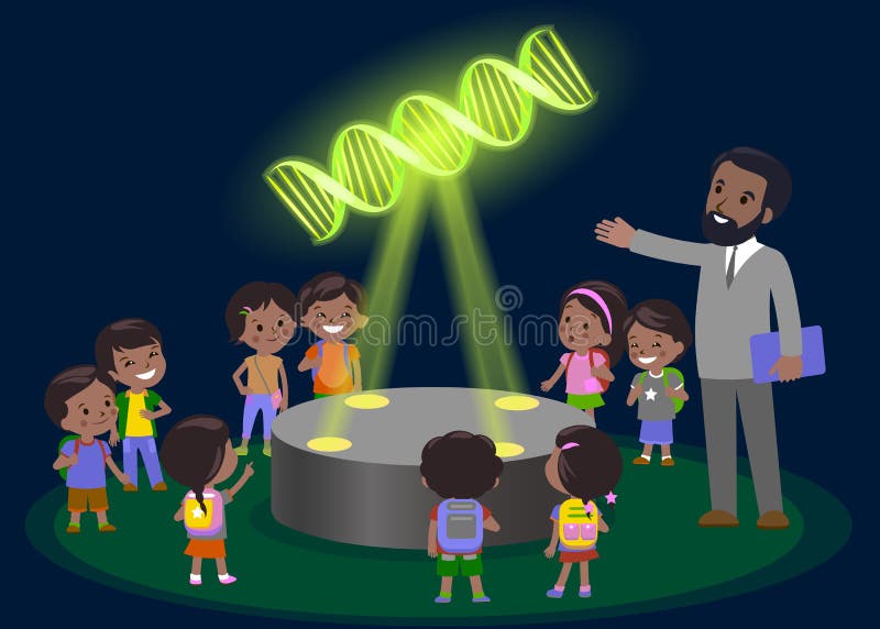 Innovation education elementary school learning technology - group of kids looking to molecule of DNA. hologram on biology lesson future museum center . Innovation education elementary school learning technology - group of kids looking to molecule of DNA. hologram on biology lesson future museum center .