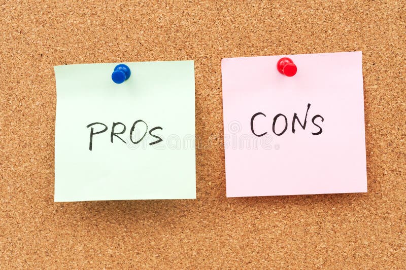 Pros and cons written on paper and pinned on corkboard. Pros and cons written on paper and pinned on corkboard