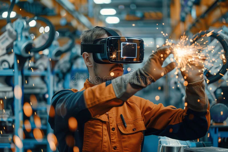 工程师使用 VR 眼镜在工厂生产线上操作机器人焊接臂 向量例证