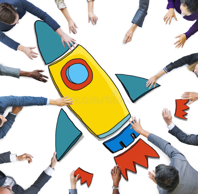 Group of Business People Reaching for Rocket Symbol. Group of Business People Reaching for Rocket Symbol