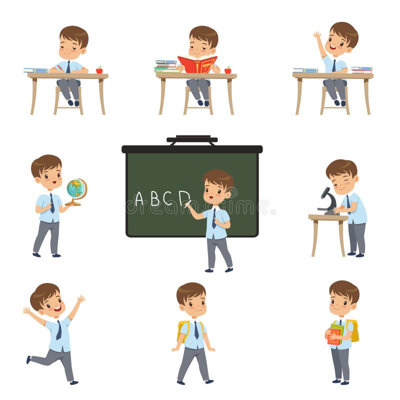 Cute schoolboy student in uniform in various activities set, boy at lessons of biology, geography, mathematics vector Illustrations isolated on a white background. Cute schoolboy student in uniform in various activities set, boy at lessons of biology, geography, mathematics vector Illustrations isolated on a white background.