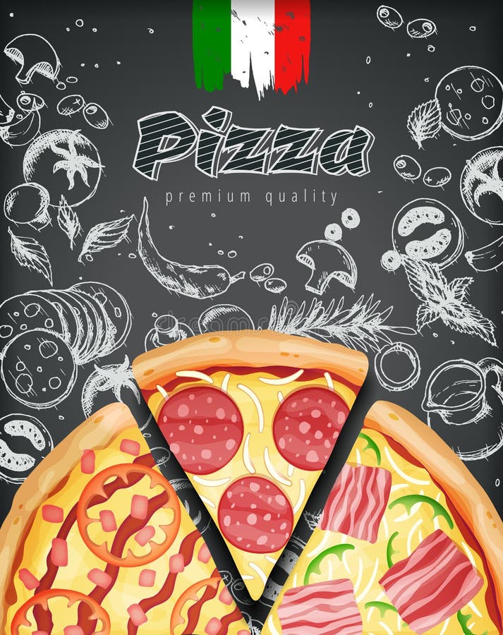 Italian pizza ads or menu with illustration rich toppings dough on engraved style chalk doodle background. Italian pizza ads or menu with illustration rich toppings dough on engraved style chalk doodle background