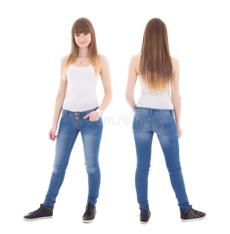 前面和后面观点的白色T恤杉isolat的逗人喜爱的十几岁的女孩 免版税库存照片 前面和后面观点的白色T恤杉isolat的逗人喜爱的十几岁的女孩 免版税库存照片