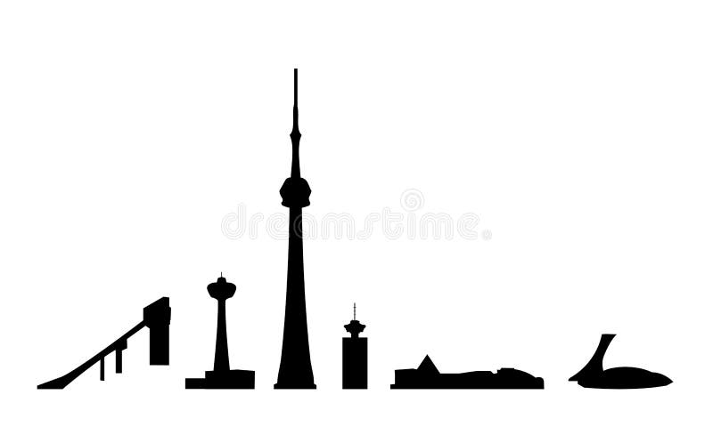 Vectored illustrations as silhouette of most visited buildings and landmarks in canada, including toronto cn tower, west edmonton mall, montreal olympic stadium, vancouver harbour centre, calgary ski jump and the skylon tower at niagara falls. Vectored illustrations as silhouette of most visited buildings and landmarks in canada, including toronto cn tower, west edmonton mall, montreal olympic stadium, vancouver harbour centre, calgary ski jump and the skylon tower at niagara falls