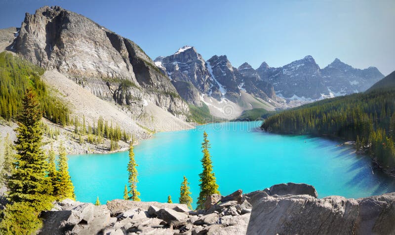 The Ten Peaks Valley and blue-green Moraine Lake panorama view. Canada Landscape Mountains. The Ten Peaks Valley and blue-green Moraine Lake panorama view. Canada Landscape Mountains