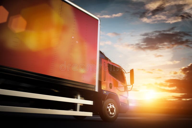 Truck speeding on the highway, side view. Transportation, shipping industry concept. 3D illustration. Truck speeding on the highway, side view. Transportation, shipping industry concept. 3D illustration.