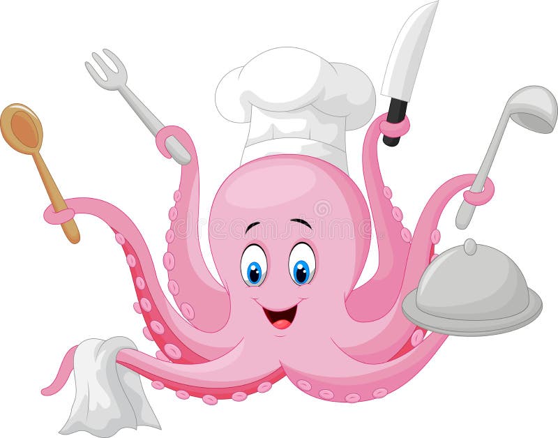 Illustration of Cartoon octopus chef holding cooking tools. Illustration of Cartoon octopus chef holding cooking tools