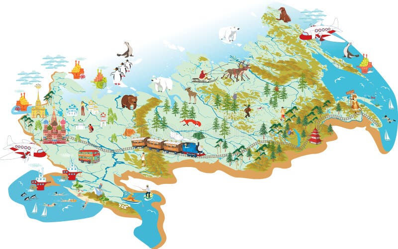 Cartoon vector map of Russia with a symbol of Moscow - St. Basils Cathedral, a symbol of St. Petersburg - the Admiralty, with variety of animals living in the area and traveling people as well. Cartoon vector map of Russia with a symbol of Moscow - St. Basils Cathedral, a symbol of St. Petersburg - the Admiralty, with variety of animals living in the area and traveling people as well.