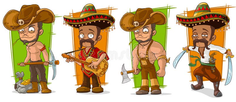 Cartoon funny mexicans in sombrero and cowboys character vector set. Cartoon funny mexicans in sombrero and cowboys character vector set