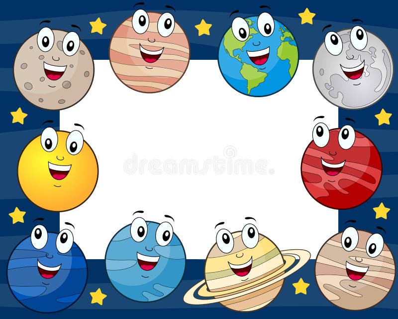 Horizontal photo frame with the eight cartoon planets of the solar system with the Sun and the Moon, on a blue outer space background with bright stars. Eps file available. Horizontal photo frame with the eight cartoon planets of the solar system with the Sun and the Moon, on a blue outer space background with bright stars. Eps file available.