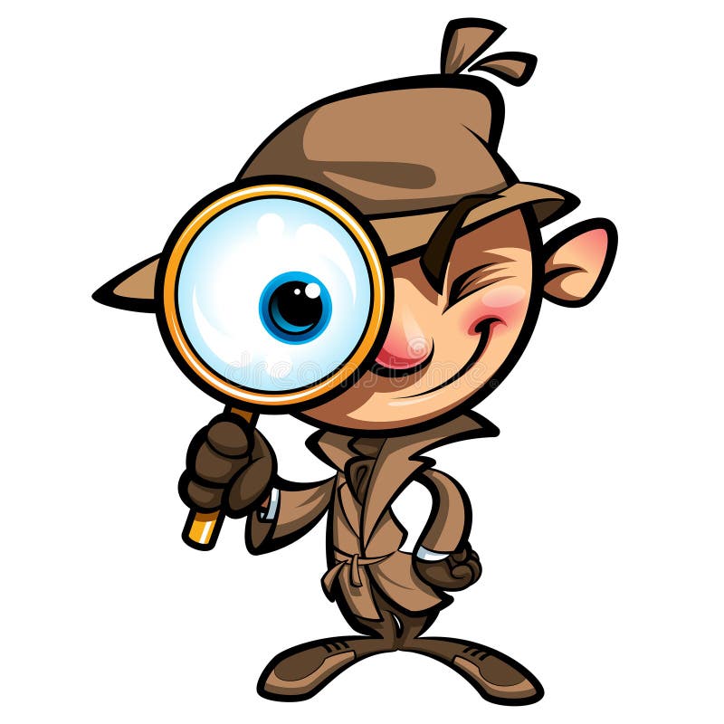 Cartoon smart detective in investigation with brown coat looking through big magnifying glass smiling and closing one eye. Cartoon smart detective in investigation with brown coat looking through big magnifying glass smiling and closing one eye