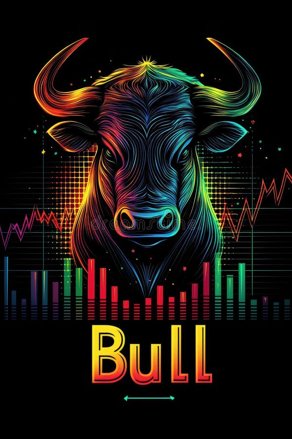 动感的现代牛头标志设计，采用动感的霓虹色和财务图表元素 免版税库存图片