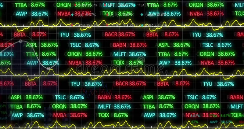 动画显示了一个股票市场显示屏，上面有红色、蓝色和绿色的股票行情和图表，显示股票价格的涨跌，表明股票市场的波动性。动画以黑色背景为背景，突出了数据界面。 向量例证