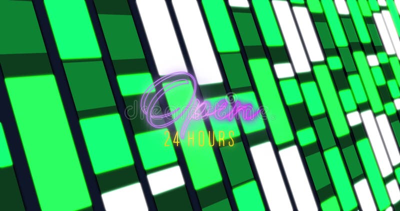 动画显示,一块黄色的霓虹广告牌上,24小时开放的字在绿色的广告牌上浮现 库存例证