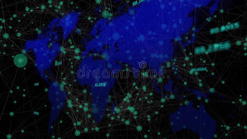 动画显示了一幅蓝色世界地图,在黑色背景的网格上浮动着白色数字 向量例证