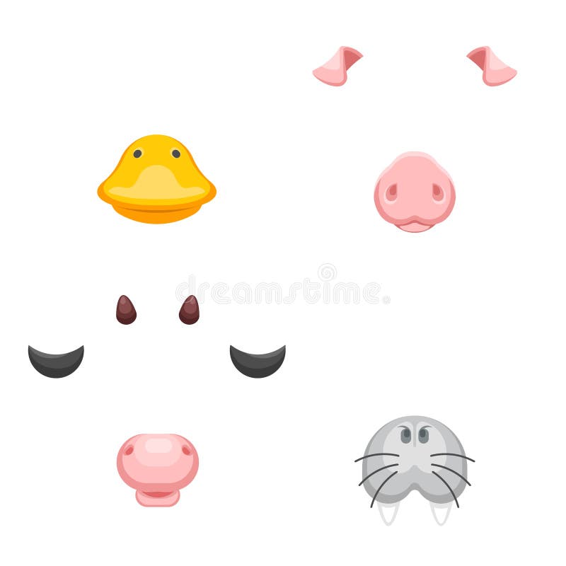 动画片selfie应用照片项目动物掩没面孔装饰鸭子母牛猪海象耳朵鼻子细节传染媒介 库存例证 动画片selfie应用照片项目动物掩没面孔装饰鸭子母牛猪海象耳朵鼻子细节传染媒介 库存例证
