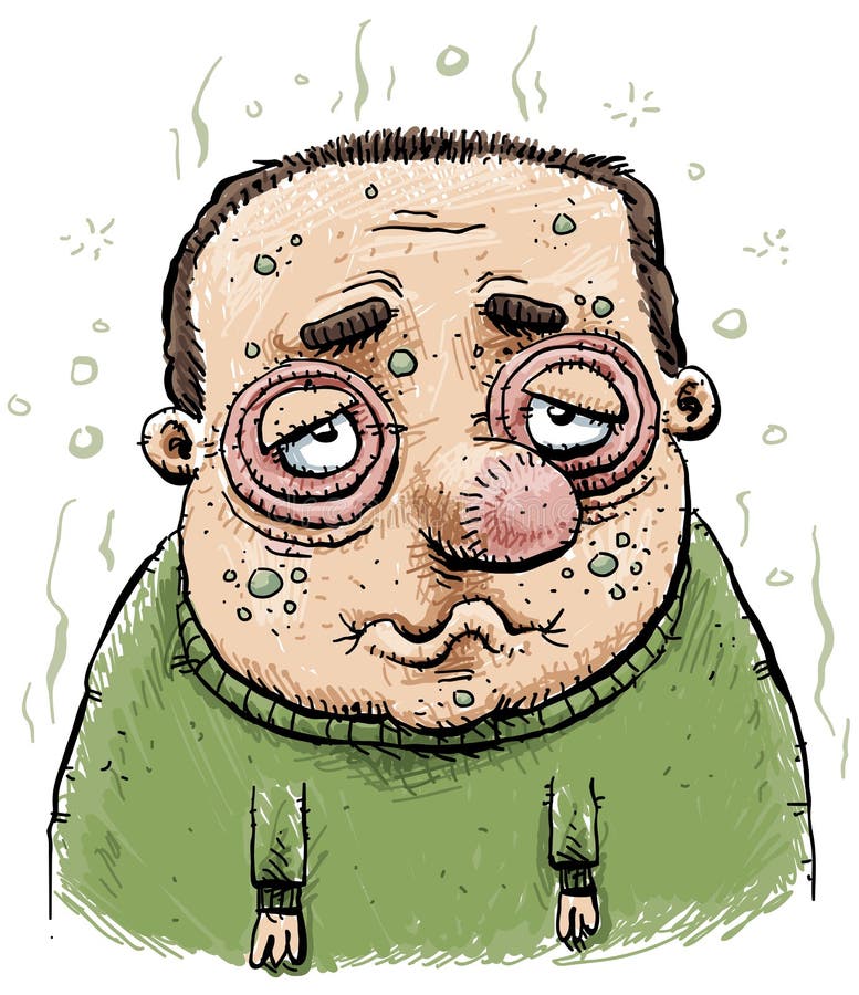 A cartoon man, swollen and sick. A cartoon man, swollen and sick.