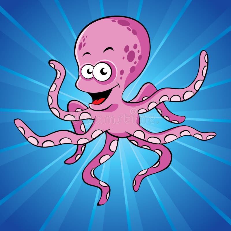 Funny cartoon octopus on the blue background. Funny cartoon octopus on the blue background