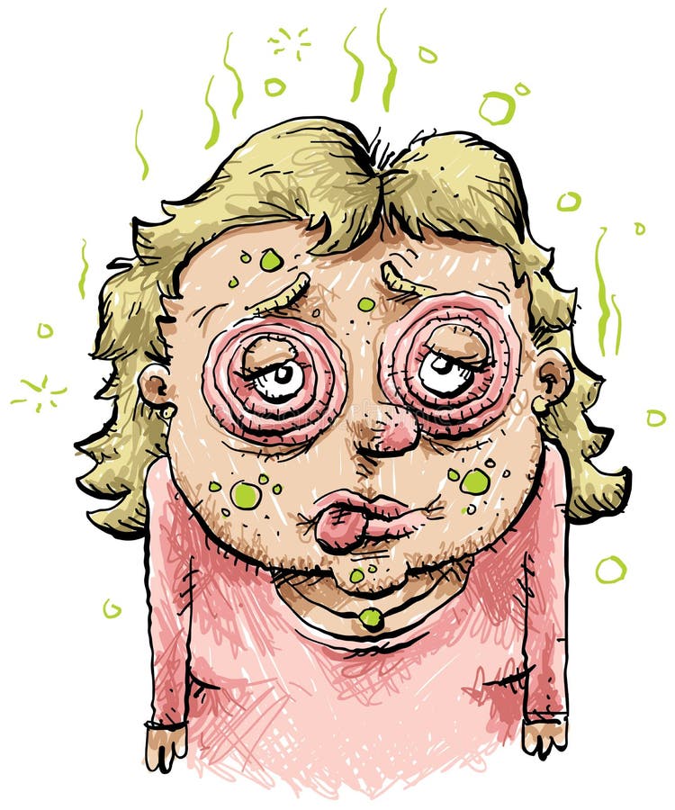 A cartoon woman, swollen and sick. A cartoon woman, swollen and sick.