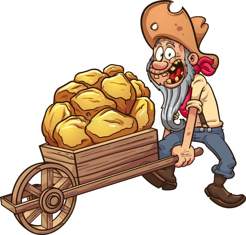 Cartoon miner with a wheelbarrow full of gold. Vector clip art illustration with simple gradients. All in a single layer. Cartoon miner with a wheelbarrow full of gold. Vector clip art illustration with simple gradients. All in a single layer.