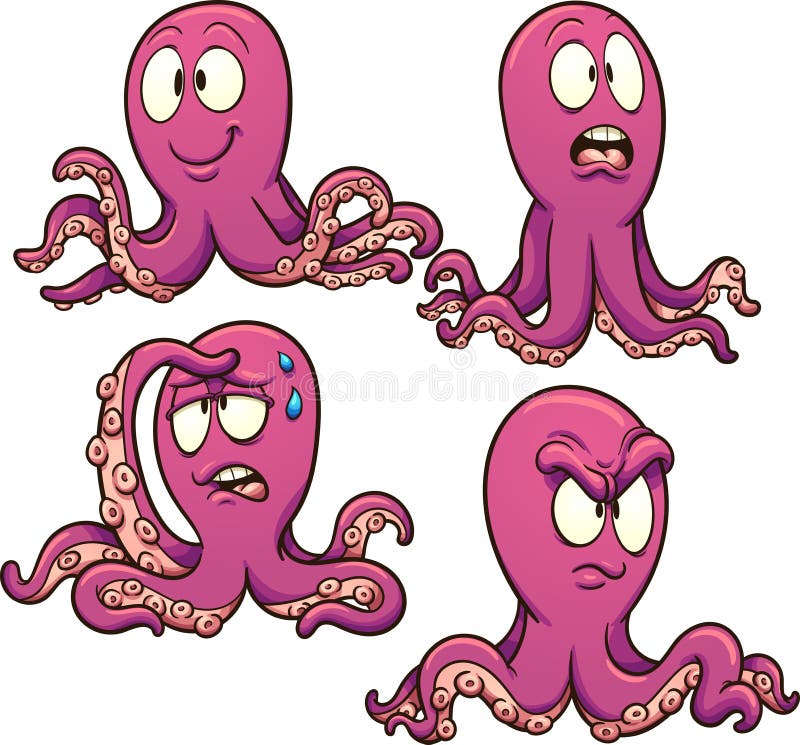 Cartoon octopus with different expressions. Vector clip art illustration with simple gradients. Each on a separate layer. Cartoon octopus with different expressions. Vector clip art illustration with simple gradients. Each on a separate layer.