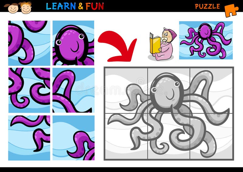 Cartoon Illustration of Education Puzzle Game for Preschool Children with Funny Octopus Animal. Cartoon Illustration of Education Puzzle Game for Preschool Children with Funny Octopus Animal