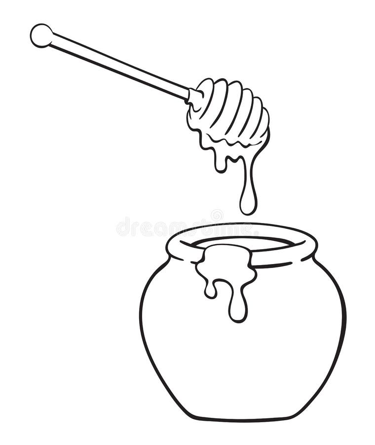 Black and white illustration of cartoon pot of honey with dipper. Black and white illustration of cartoon pot of honey with dipper