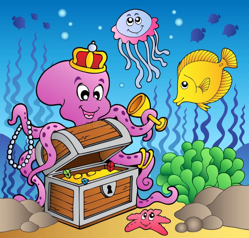 Cartoon octopus on treasure chest - illustration. Cartoon octopus on treasure chest - illustration.