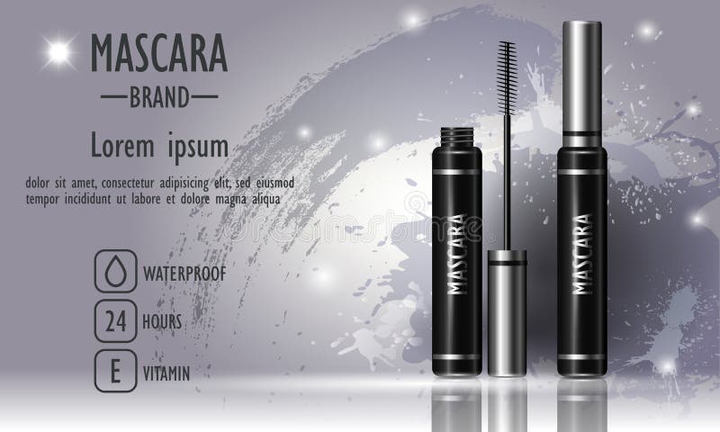 Cosmetics beauty series, ads of premium mascara on gray background. Template for design posters, placard, logo, presentation, banners, covers, vector illustration. Cosmetics beauty series, ads of premium mascara on gray background. Template for design posters, placard, logo, presentation, banners, covers, vector illustration.