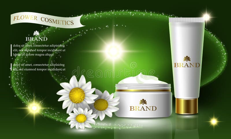 Cosmetics beauty flower series, ads of premium chamomile cream for skin care. Template for design poster, placard, presentation, banners, cover, vector illustration. Cosmetics beauty flower series, ads of premium chamomile cream for skin care. Template for design poster, placard, presentation, banners, cover, vector illustration.