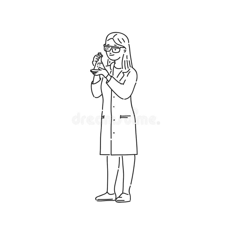 化学家妇女专业保护制服的化验员 线艺术样式字符传染媒介黑色白色 向量例证 化学家妇女专业保护制服的化验员 线艺术样式字符传染媒介黑色白色 向量例证