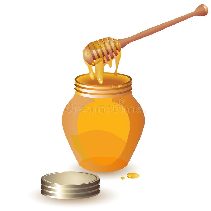 Jar of honey with wooden dipper on white background. Jar of honey with wooden dipper on white background