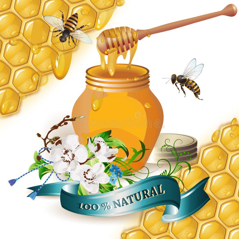 Jar of honey with wooden dipper, bees, ribbon and orchids over background with honeycombs and drops. Jar of honey with wooden dipper, bees, ribbon and orchids over background with honeycombs and drops