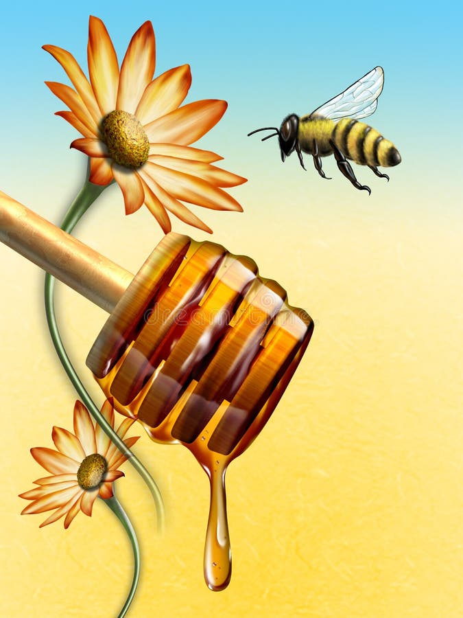 Honey dripping from an honey dipper. Bee and flowers on background. Digital illustration. Honey dripping from an honey dipper. Bee and flowers on background. Digital illustration.