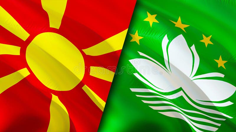 北马其顿和澳门国旗3d挥舞国旗. 马其顿澳门旗图墙纸. 马其顿vs澳门 库存例证