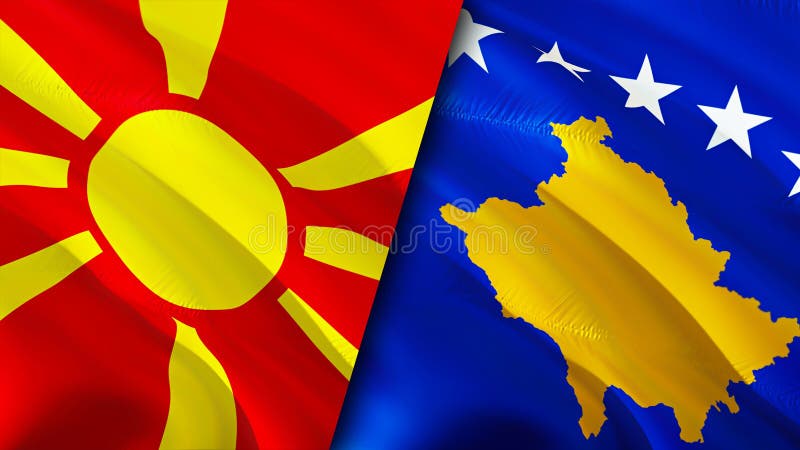 北马其顿和科索沃国旗3d挥舞国旗. 马其顿科索沃国旗墙纸. 北马其顿vs 向量例证