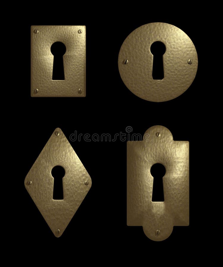 A set of four differently shaped, antique looking metal keyholes. Isolated on black background. A set of four differently shaped, antique looking metal keyholes. Isolated on black background.