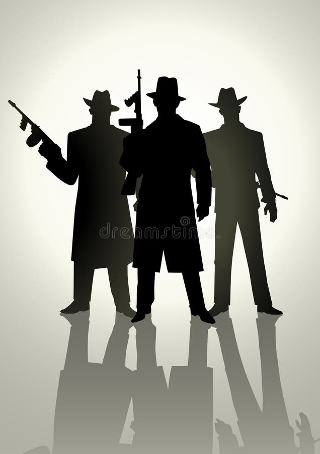 Silhouette illustration of gangsters holding machine guns. Silhouette illustration of gangsters holding machine guns