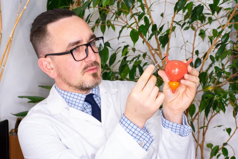 医生在就诊时指着连接肾脏和膀胱的输尿管，向病人解释这可能是疾病的原因，肾绞痛 免版税库存照片