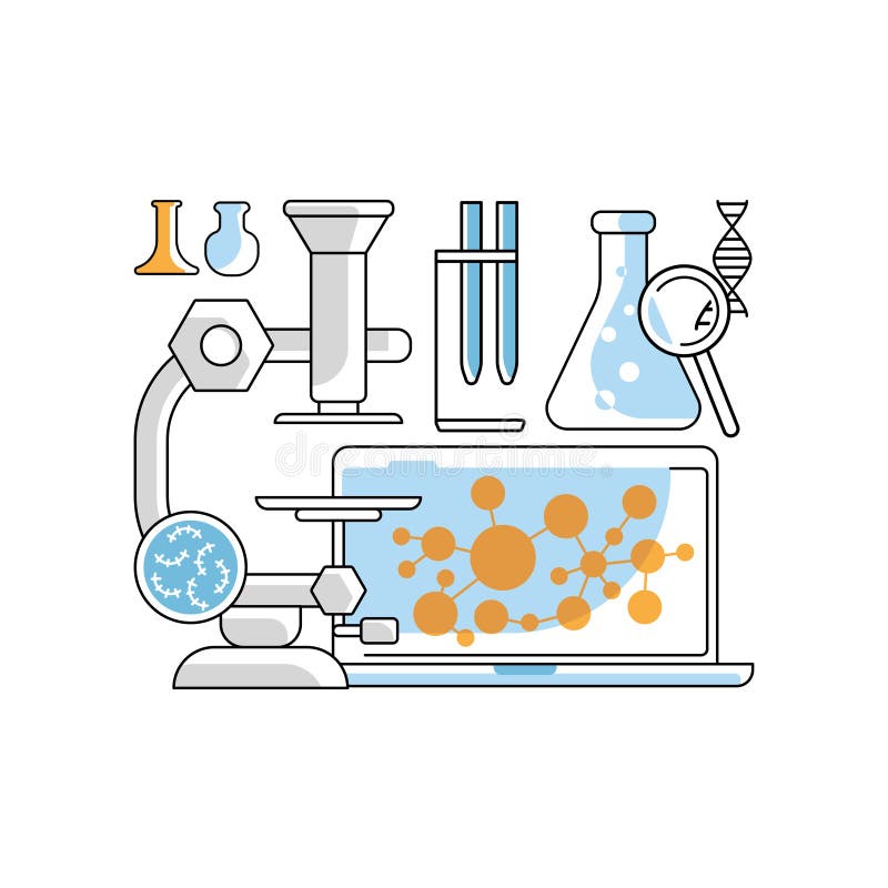 Medical aid concept in flat line style. Medical and molecular biology equipment elements with research tubes and microscope. Isolated on white background. Vector illustration eps 10. Medical aid concept in flat line style. Medical and molecular biology equipment elements with research tubes and microscope. Isolated on white background. Vector illustration eps 10