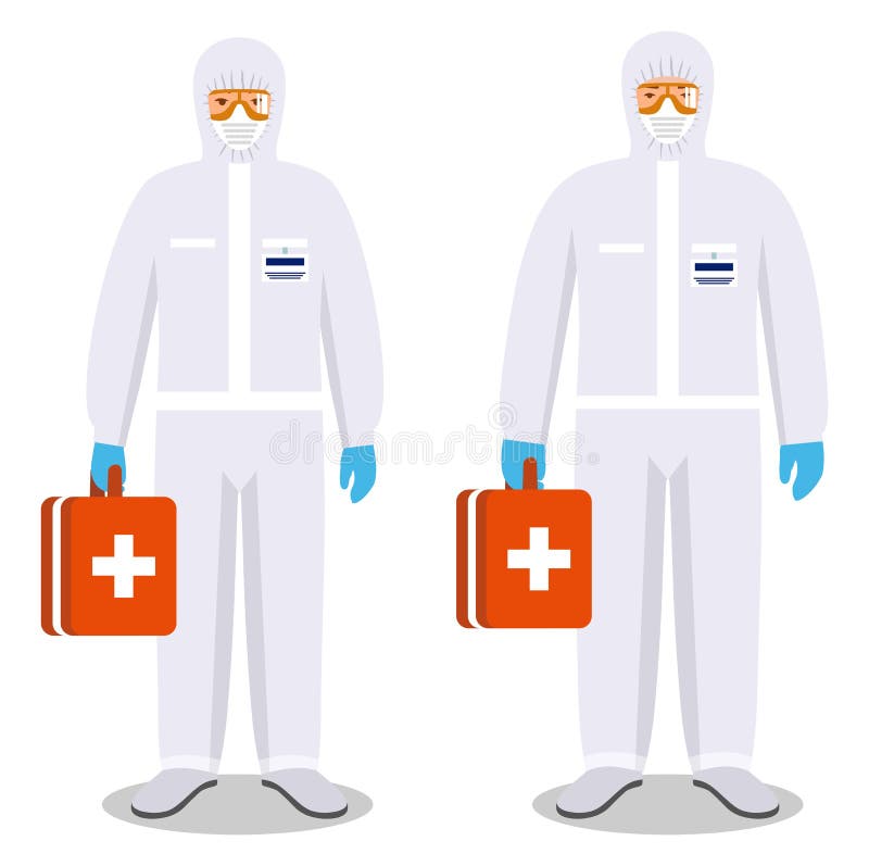 Detailed illustration of man and woman in protective suits on white background in flat style. Dangerous profession. Virus, infection, epidemic, quarantine. Vector illustration. Detailed illustration of man and woman in protective suits on white background in flat style. Dangerous profession. Virus, infection, epidemic, quarantine. Vector illustration.