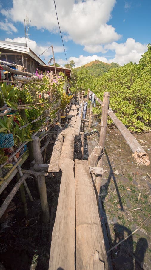匾的桥梁在Coron镇恶劣的区 Busuanga 城市` s贫民窟的看法从河的 免版税库存图片 匾的桥梁在Coron镇恶劣的区 Busuanga 城市` s贫民窟的看法从河的 免版税库存图片
