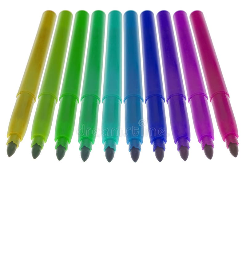 Twelve colored uncapped markers in a row. Focus at the front. Isolated on white. White space at the bottom. Twelve colored uncapped markers in a row. Focus at the front. Isolated on white. White space at the bottom.