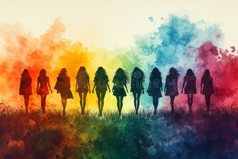 十位女性在水彩彩虹背景中排成一列,象征着团结的多样性和力量 库存例证