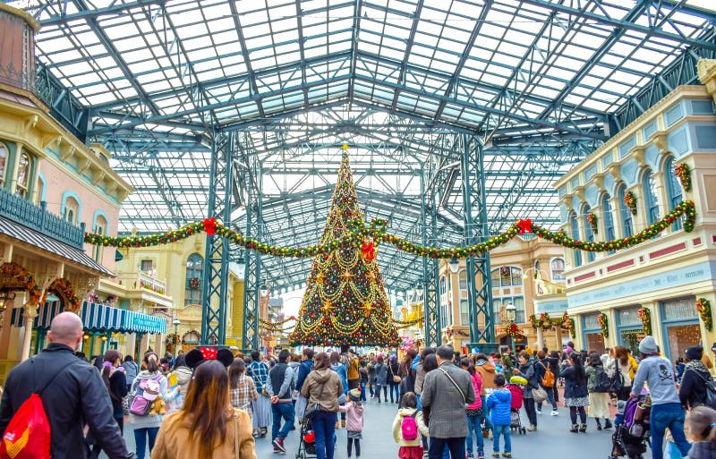 Crowds enjoying Christmas tree decoration at Main Street U.S.A. of Tokyo Disneyland. Crowds enjoying Christmas tree decoration at Main Street U.S.A. of Tokyo Disneyland