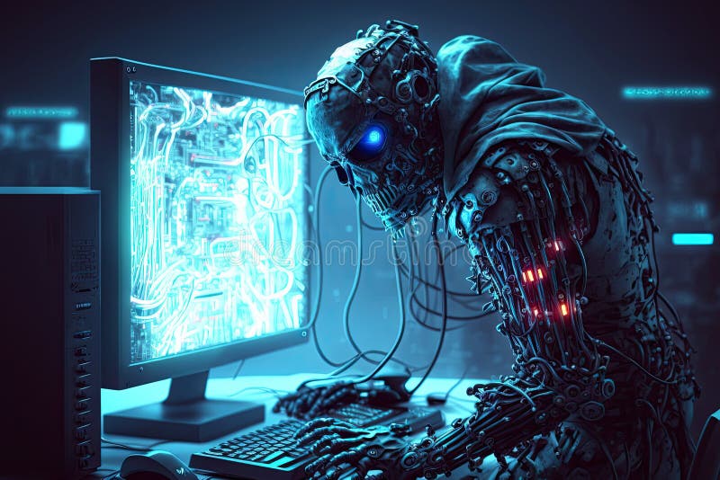半机械人黑客机器人侵入电脑. 未来网络安全的概念 向量例证