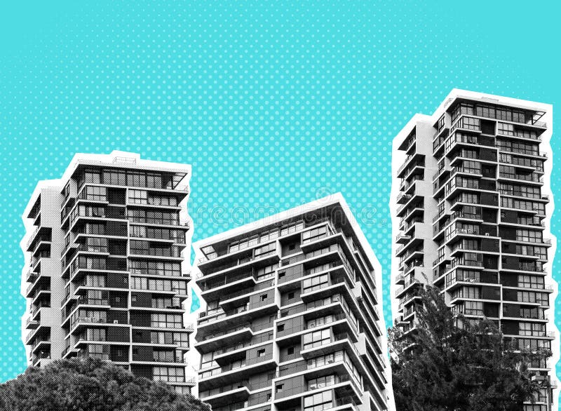 半色调现代多层公寓建筑综合拼贴 库存照片