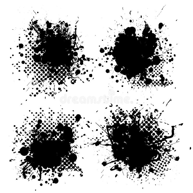 Collection of four ink splats with halftone dots in black. Collection of four ink splats with halftone dots in black