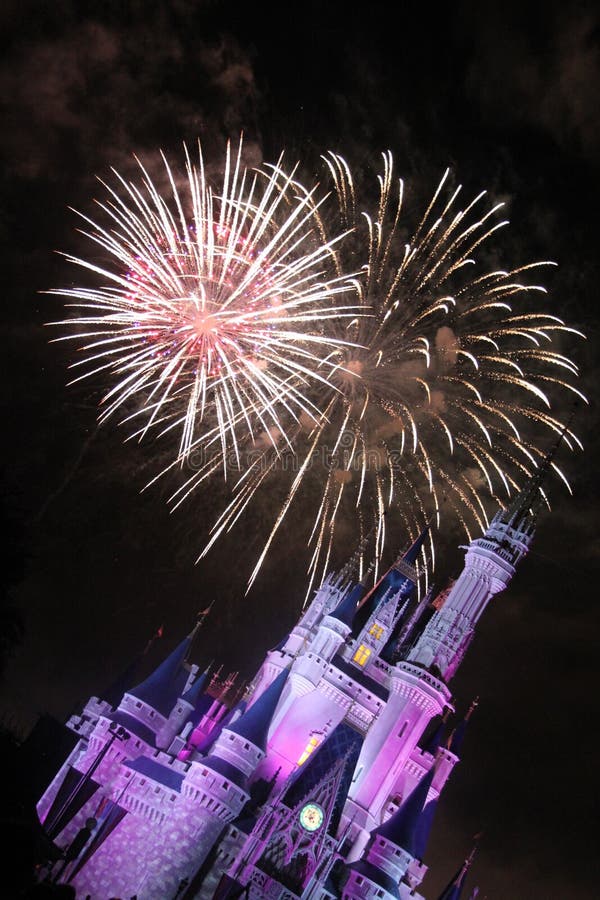 Walt Disney World Cinderella`s Castle reflects pink and purple, and fireworks burst overhead in the night sky. Walt Disney World Cinderella`s Castle reflects pink and purple, and fireworks burst overhead in the night sky.